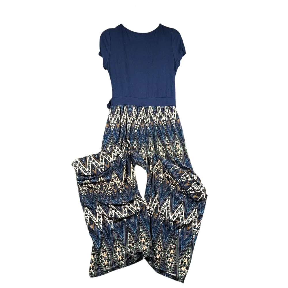 Gilli USA Navy Blue Geometric Print Wrap Jumpsuit Wide Leg  Large Palazzo 441‎